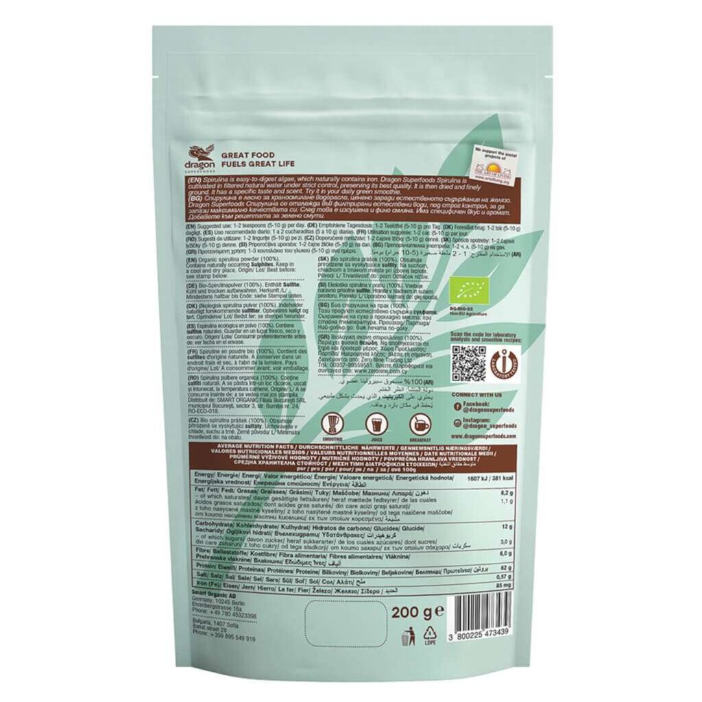 Spirulinos milteliai Dragon Superfoods, 200 g kaina ir informacija | Funkcinis maistas (supermaistas) | pigu.lt