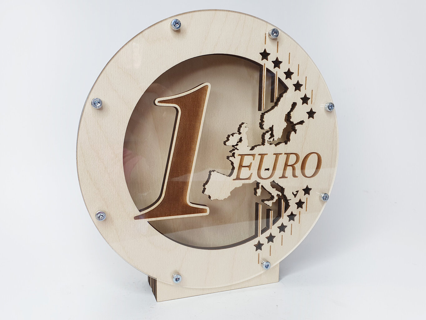 Medinė taupyklė su išgraviruota 1 euro moneta kaina ir informacija | Originalios taupyklės | pigu.lt
