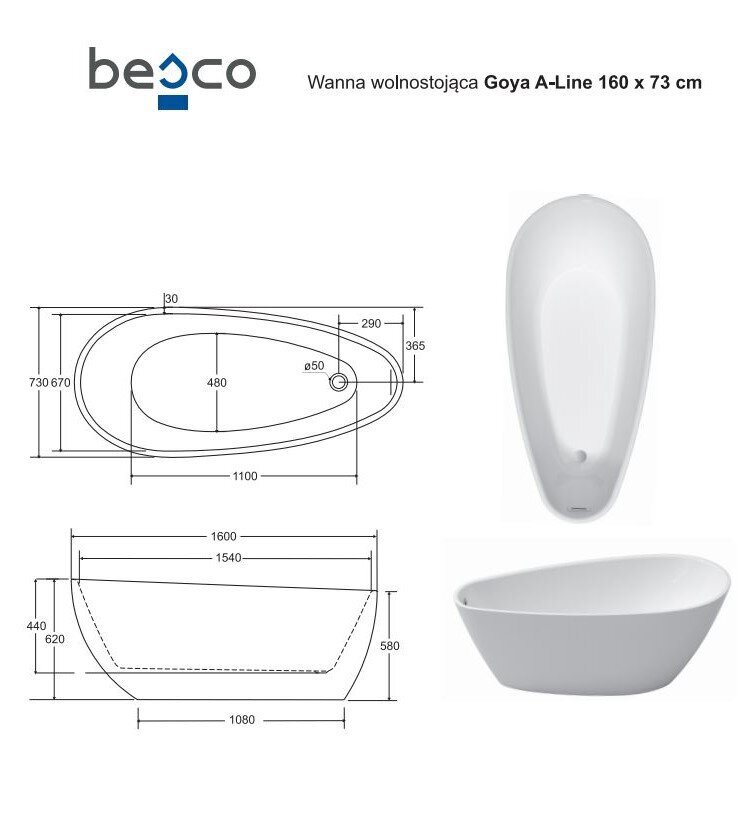 Vonia Besco Goya A-Line 160, su aukso spalvos sifono dangteliu kaina ir informacija | Vonios | pigu.lt
