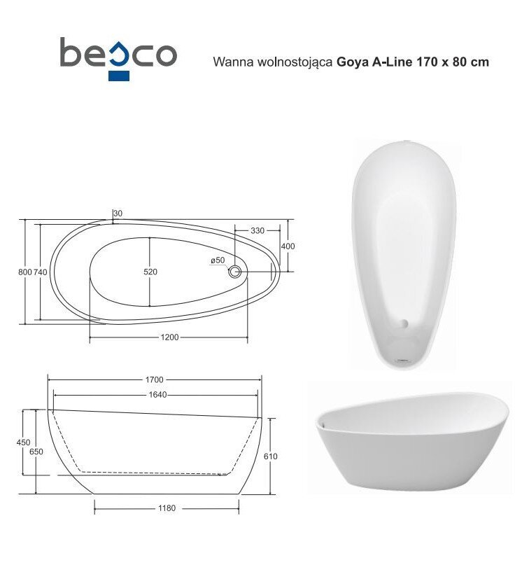 Vonia Besco Goya A-Line 170, su juodu sifono dangteliu kaina ir informacija | Vonios | pigu.lt