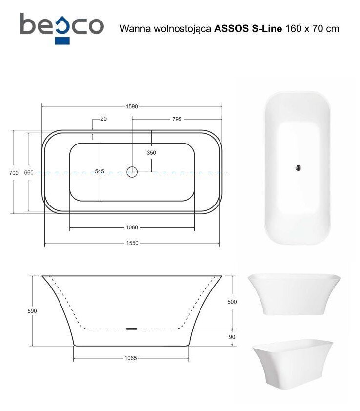 Vonia Besco Assos S-Line 160, su Klik-klak White valomu iš viršaus kaina ir informacija | Vonios | pigu.lt