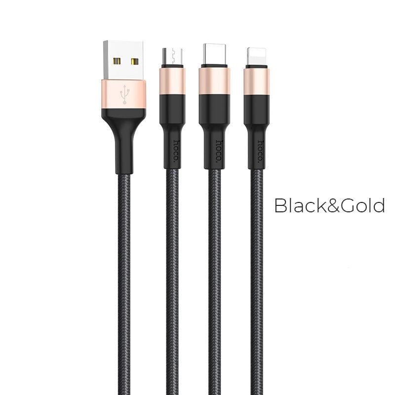 HOCO USB 3in1 laidas, skirtas iPhone Lightning + Micro + Type-C X26 black-gold 1m kaina ir informacija | Kabeliai ir laidai | pigu.lt