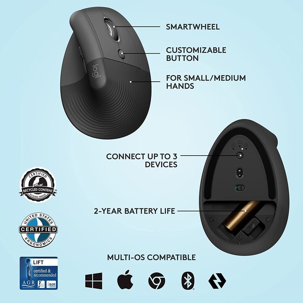 Belaidė pelė Logitech Lift Vertical Ergonomic Mouse, juoda - 910-006473 цена и информация | Pelės | pigu.lt