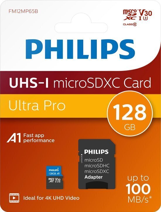 Atminties kortelė Philips MicroSDXC, 128GB Class 10 UHS-I U3 цена и информация | Atminties kortelės fotoaparatams, kameroms | pigu.lt