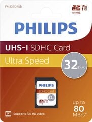 Atminties kortelė Philips SDHC, 32GB Class 10, UHS-I U1 цена и информация | Карты памяти для фотоаппаратов, камер | pigu.lt