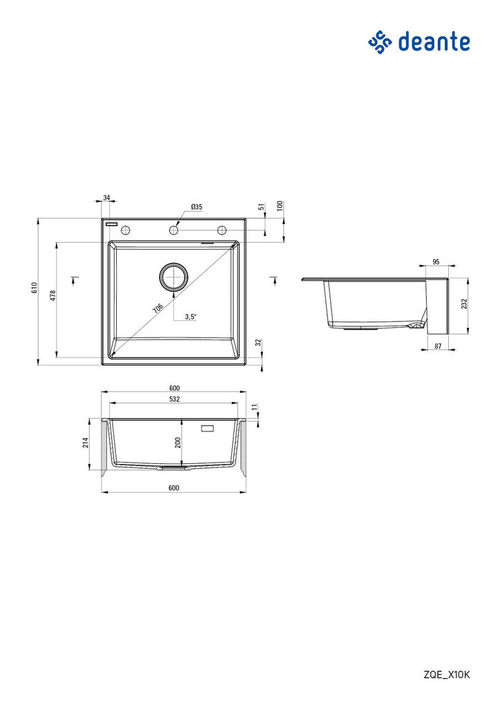 Deante granitinė virtuvinė plautuvė Deante Eridan ZQE_T10K, Anthracite metallic kaina ir informacija | Virtuvinės plautuvės | pigu.lt