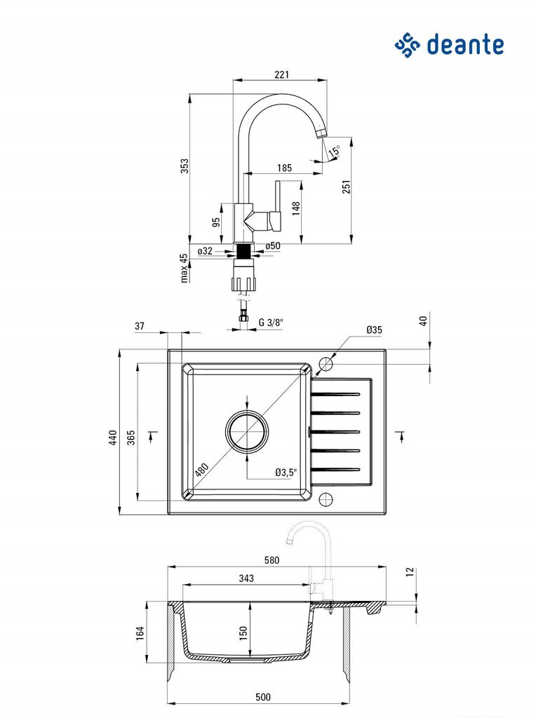 Deante granitinė virtuvinė plautuvė Deante Zorba su maišytuvu ZQZAN11A, Nero kaina ir informacija | Virtuvinės plautuvės | pigu.lt
