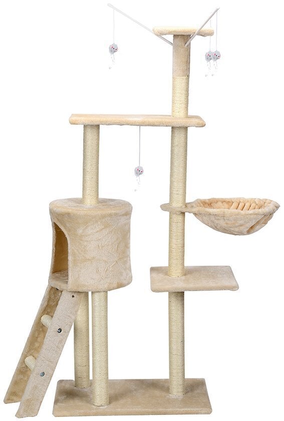 Kačių draskyklė su žaislais Funfit, 135 cm, smėlio spalvos kaina ir informacija | Draskyklės | pigu.lt