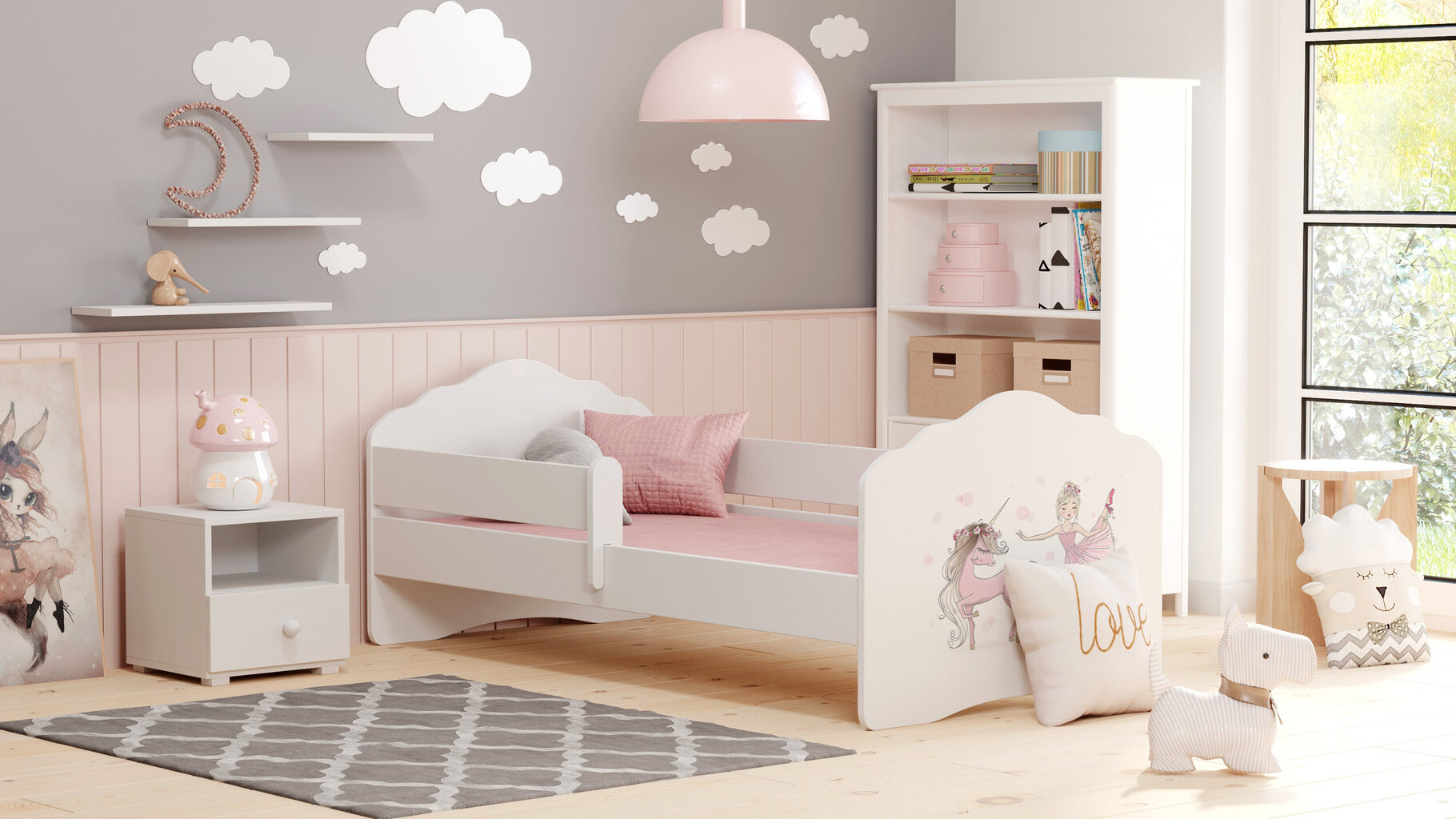Vaikiška lova Fala su čiužiniu ir barjerine apsauga 144 cm x 78 cm x 65 cm, princesė su vienaragiu kaina ir informacija | Vaikiškos lovos | pigu.lt