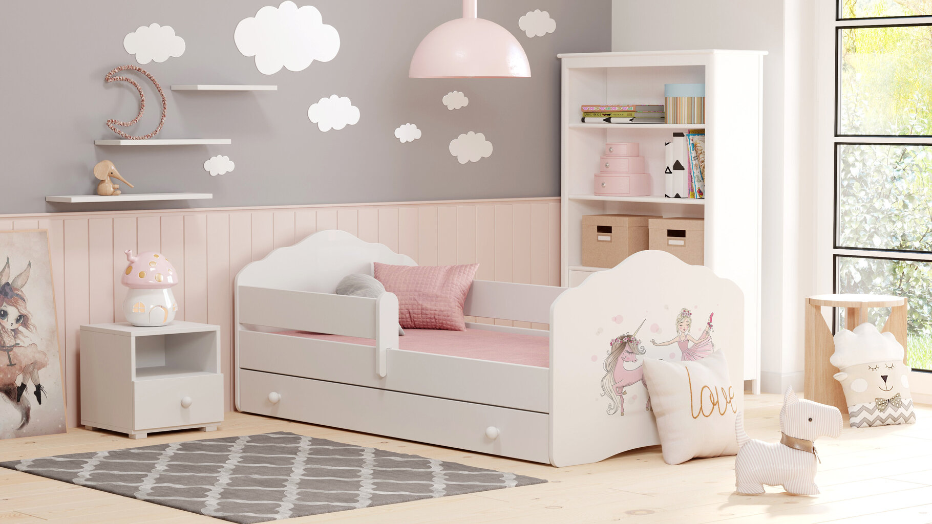 Vaikiška lova Fala su stalčiumi, čiužiniu ir barjerine apsauga 144 cm x 78 cm x 65 cm, princesė su vienaragiu kaina ir informacija | Vaikiškos lovos | pigu.lt