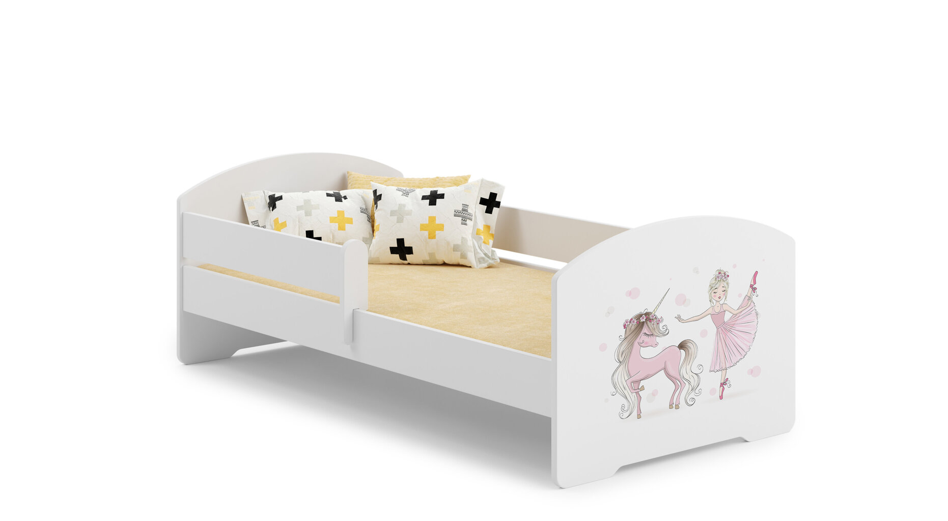 Vaikiška lova Luk su čiužiniu ir barjerine apsauga 144 cm x 77 cm x 56 cm, princesė su vienaragiu kaina ir informacija | Vaikiškos lovos | pigu.lt