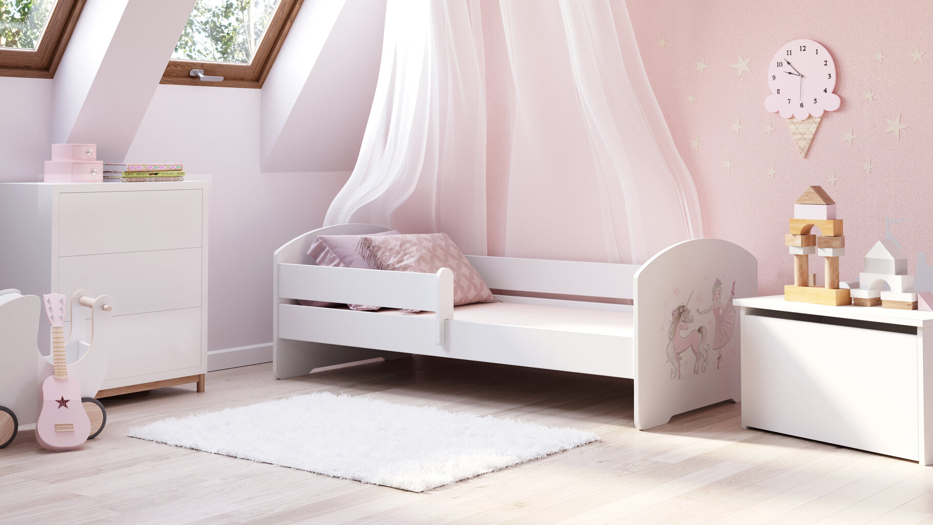 Vaikiška lova Luk su čiužiniu ir barjerine apsauga 164 cm x 85 cm x 63 cm, princesė su vienaragiu kaina ir informacija | Vaikiškos lovos | pigu.lt