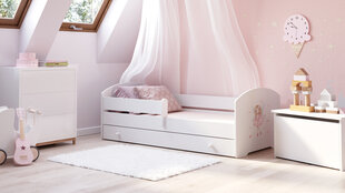 Детская кровать Luk с выдвижным ящиком, матрасом и барьерной защитой 144 см х 77 см х 56 см, принцесса с крыльями цена и информация | Детские кровати | pigu.lt