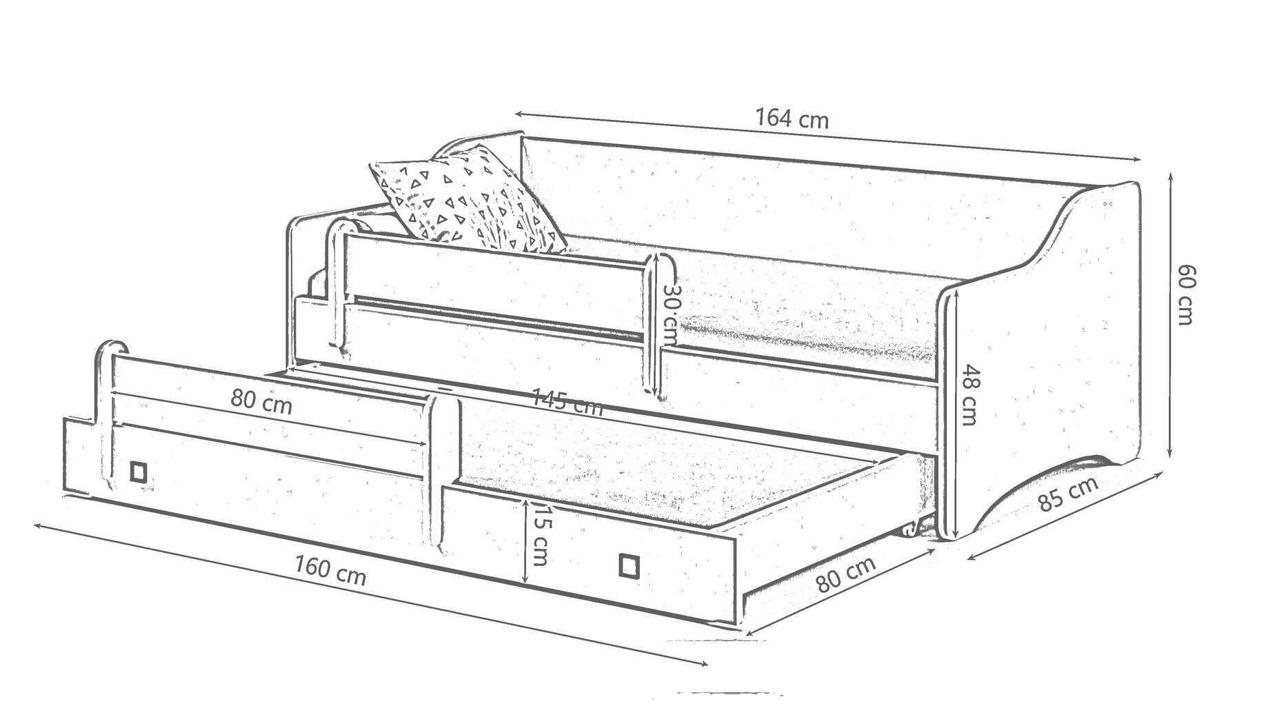 Vaikiška lvigulė lova Eryk su čiužiniu ir apsauginiu barjeru 164x85x60/160x80x15cm, juodos rankenėlės kaina ir informacija | Vaikiškos lovos | pigu.lt