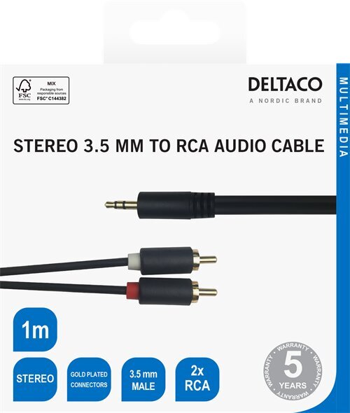 Deltaco 00180003, Aux 3.5 mm/RCA, 1 m kaina ir informacija | Kabeliai ir laidai | pigu.lt