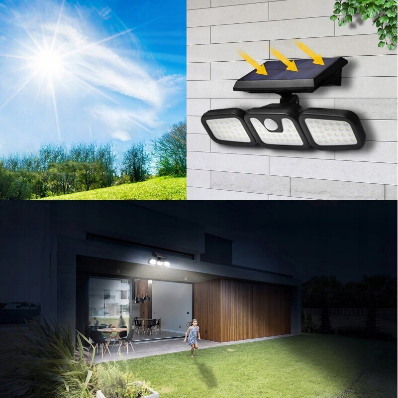 Trigubas LED saulės sieninis šviestuvas su nuotolinio valdymo judesio jutikliu, atsparus vandeniui IP65 apšvietimas, 3in1 kaina ir informacija | Lauko šviestuvai | pigu.lt