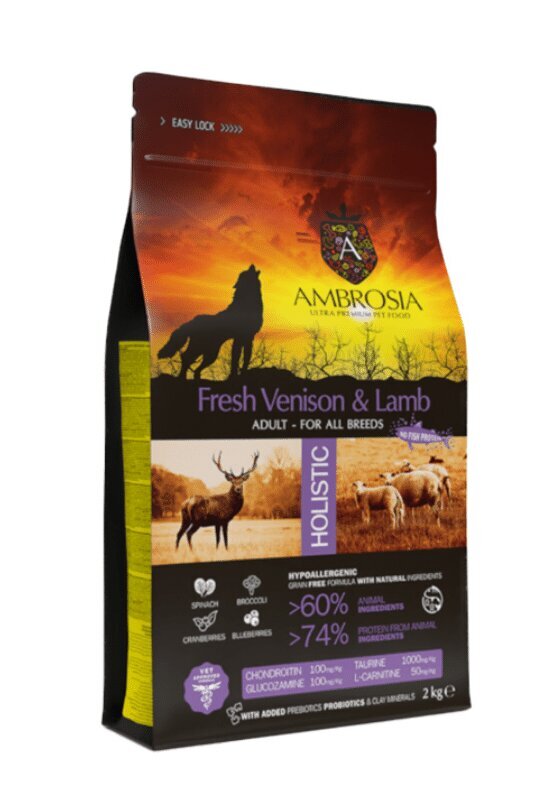 AMBROSIA Grain-Free Lamb & Fresh Venison Adult, Begrūdis Ėrienos Ir Šviežios Elnienos Sausas Maistas, 12kg kaina ir informacija | Sausas maistas šunims | pigu.lt