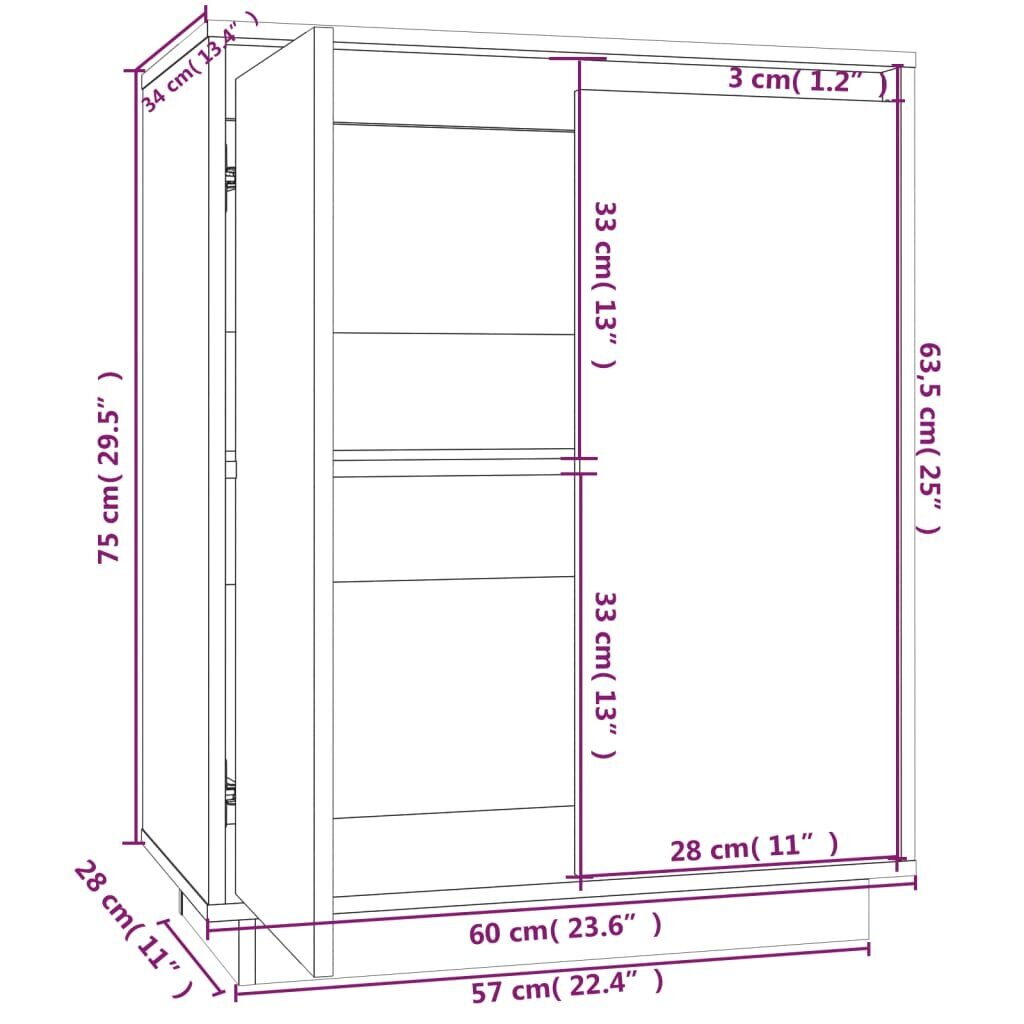 vidaXL Šoninė spintelė, 60x34x75cm, pušies medienos masyvas kaina ir informacija | Svetainės spintelės | pigu.lt