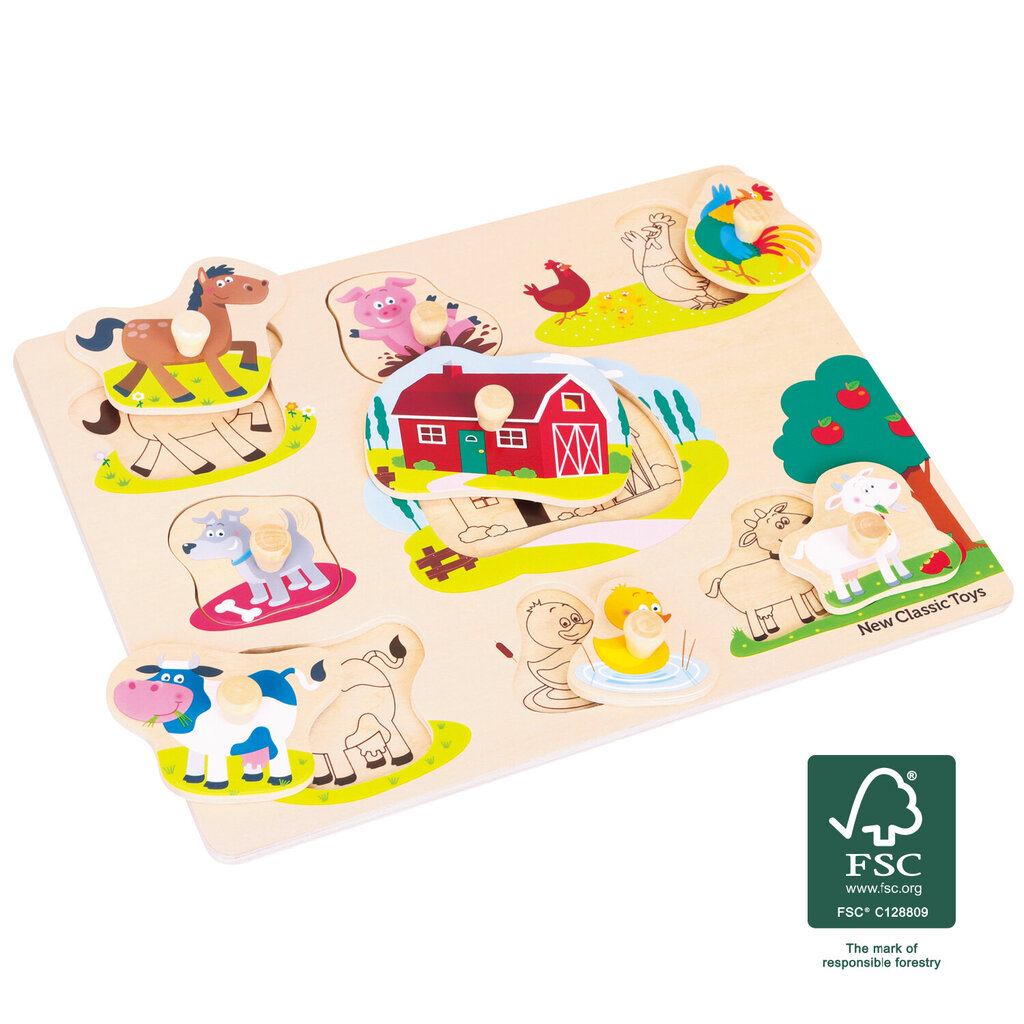 Medinė dėlionė mažiesiems - Ūkis (8 vnt.), New Classic Toys 10430 цена и информация | Žaislai kūdikiams | pigu.lt