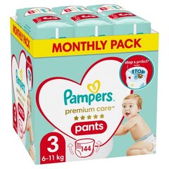 Sauskelnės-kelnaitės PAMPERS Premium Monthly Pack 3 dydis, 6-11 kg, 144 vnt. kaina ir informacija | Pampers Kūdikio priežiūrai | pigu.lt