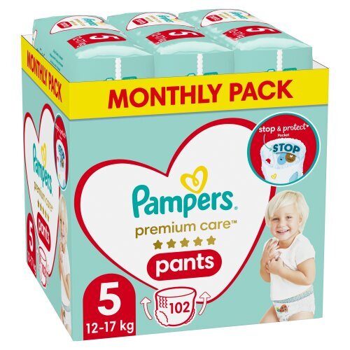 Sauskelnės-kelnaitės PAMPERS Premium Monthly Pack 5 dydis, 12-17 kg, 102 vnt. kaina ir informacija | Sauskelnės | pigu.lt