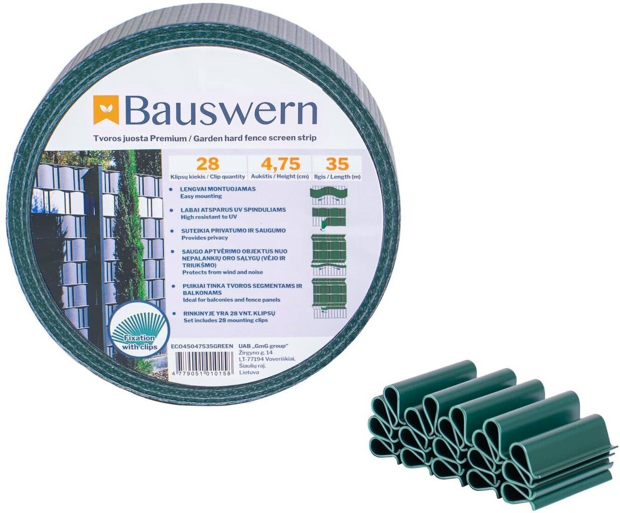 Tvoros juostos rinkinys Bauswern eco, 35 x 0,0475 m (450 g/m²) + 28 klipsai. Žalia kaina ir informacija | Tvoros ir jų priedai | pigu.lt