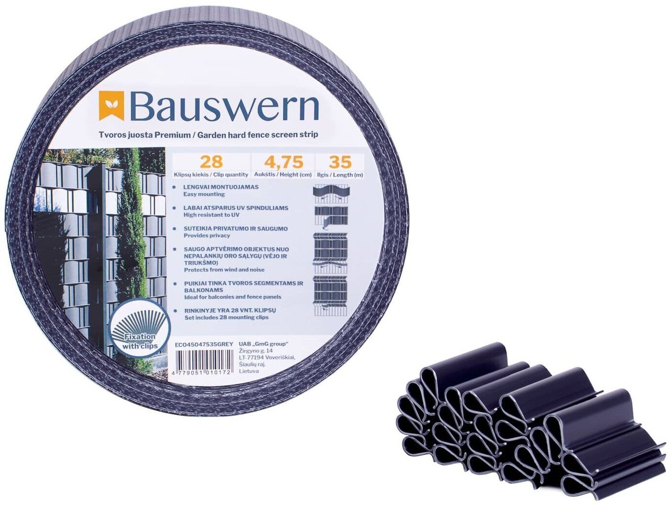 Tvoros juostos rinkinys Bauswern eco, 35 x 0,0475 m (450 g/m²) + 28 klipsai. Pilka kaina ir informacija | Tvoros ir jų priedai | pigu.lt