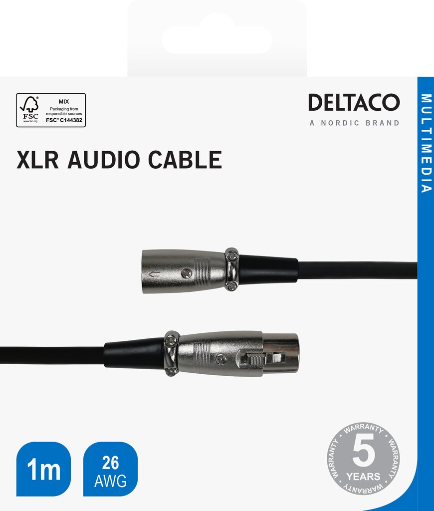 XLR audio kabelis Deltaco 3-pin male - 3-pin female, 26 AWG, 1m, juodas / XLR-1010-K / 00160001 kaina ir informacija | Kabeliai ir laidai | pigu.lt