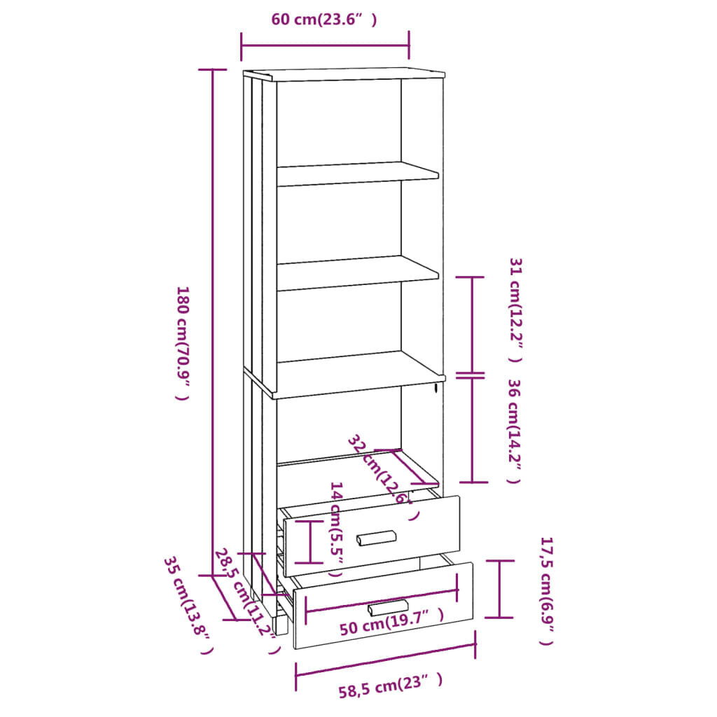 vidaXL Komoda, medaus ruda, 60x35x180cm, pušies medienos masyvas kaina ir informacija | Svetainės spintelės | pigu.lt