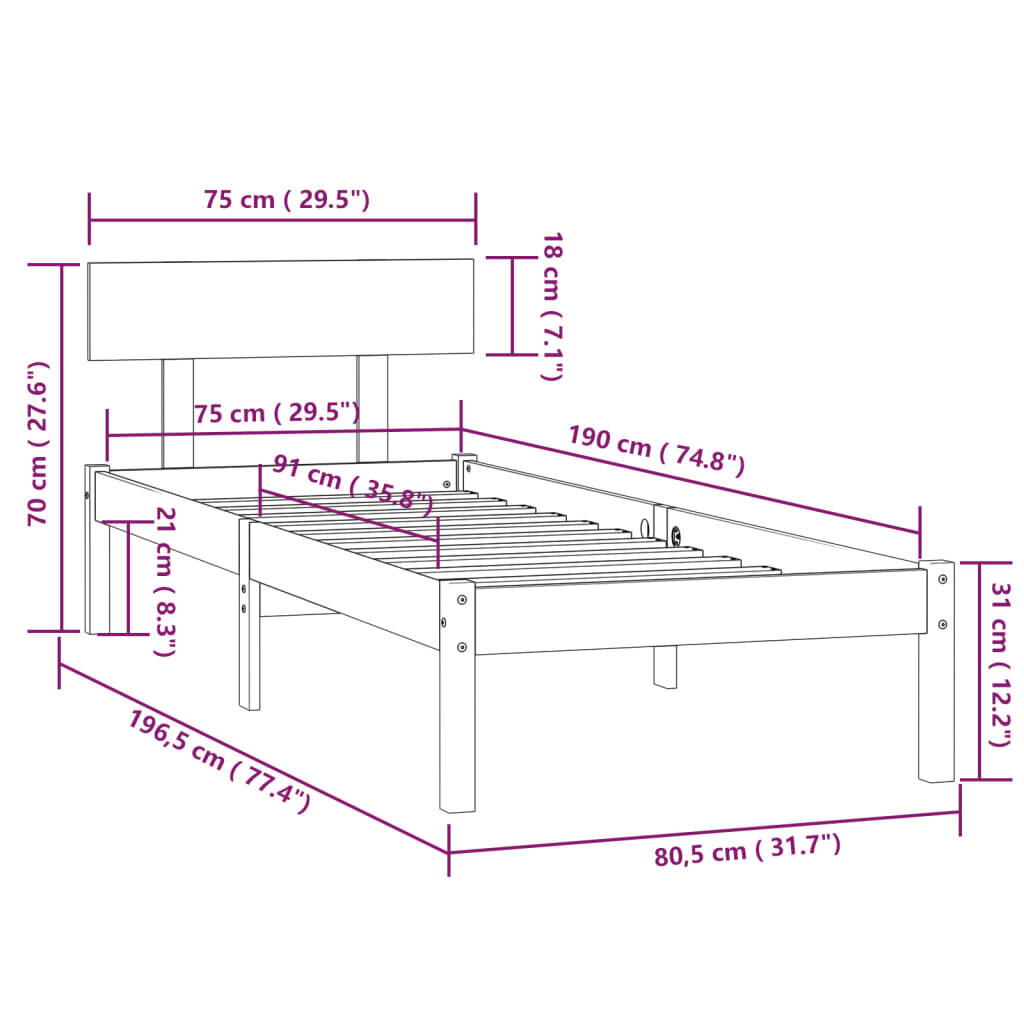 vidaXL Lovos rėmas, juodas, 75x190cm, pušies masyvas, vienvietis kaina ir informacija | Lovos | pigu.lt