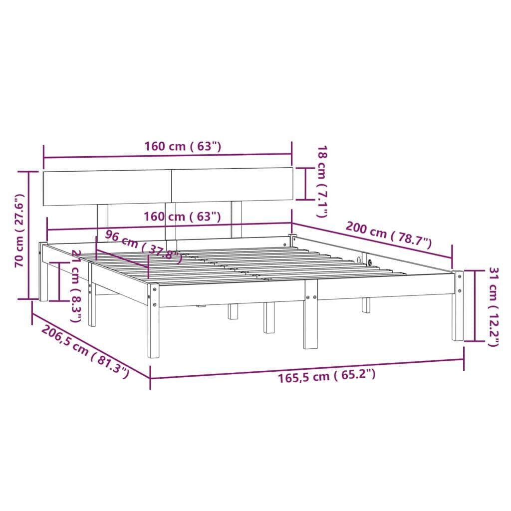 vidaXL Lovos rėmas, baltas, 160x200 cm, pušies medienos masyvas kaina ir informacija | Lovos | pigu.lt