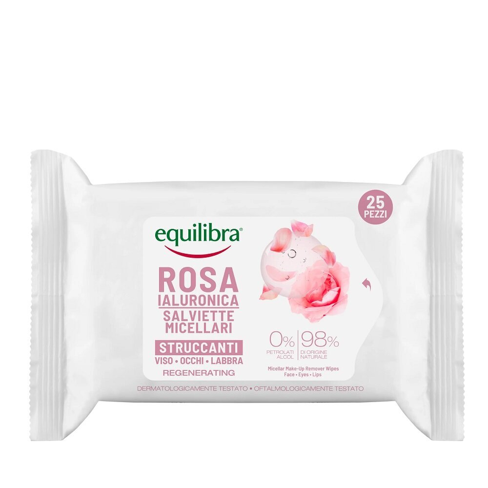 Servetėlės ​​rožių makiažui valyti su hialurono rūgštimi Equilibra Rosa Regenerating Micellar Make-Up Remover Wipes, 25 vnt. kaina ir informacija | Veido prausikliai, valikliai | pigu.lt