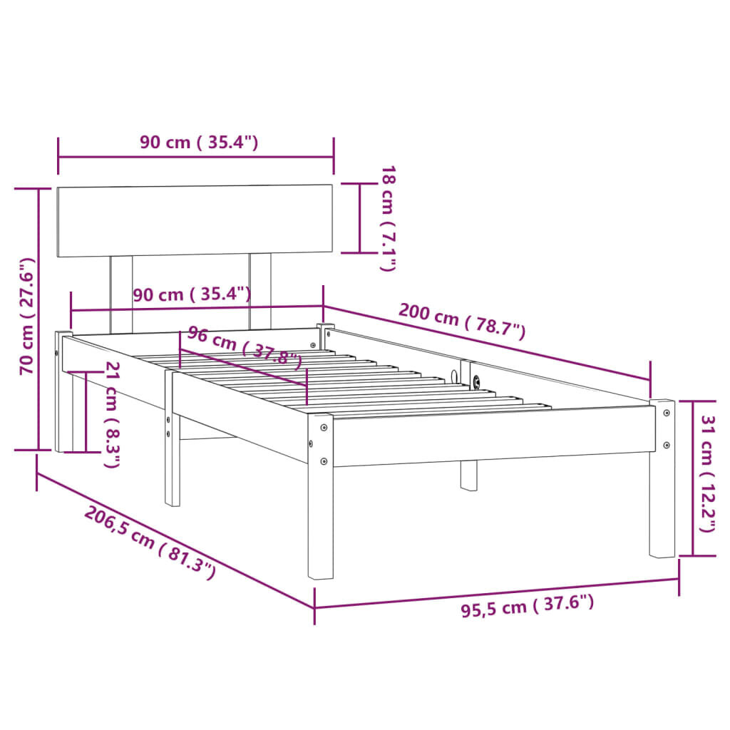 vidaXL Lovos rėmas, baltos spalvos, 90x200cm, pušies medienos masyvas kaina ir informacija | Lovos | pigu.lt