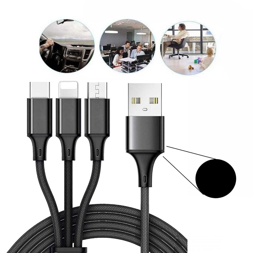 USB laidas su 3 rūšių jungtimis, Juodos spalvos kaina ir informacija | Laidai telefonams | pigu.lt