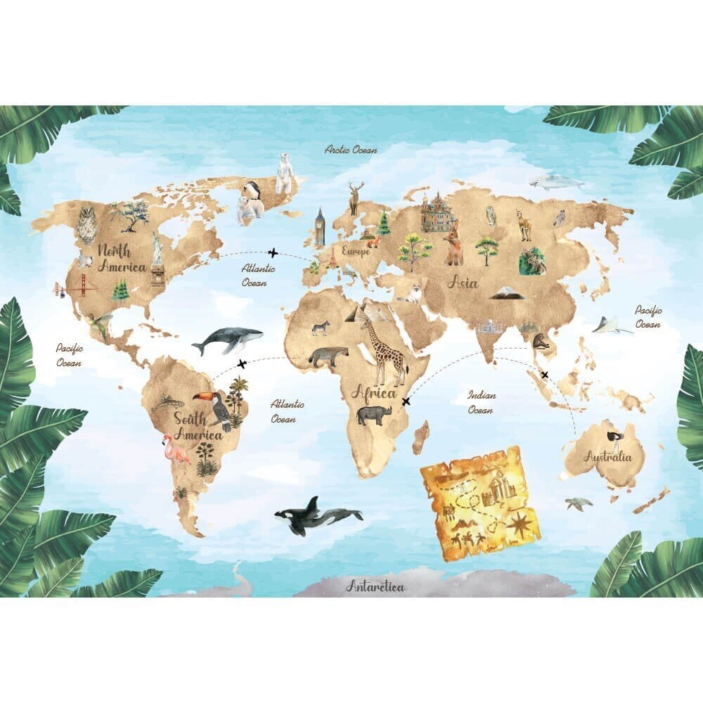 Vaikiški fototapetai -Tropinis gyvūnėlių žemėlapis anglų kalba цена и информация | Vaikiški fototapetai | pigu.lt