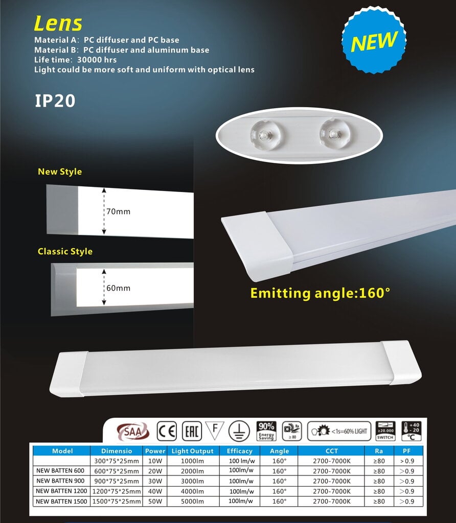 LED šviestuvas G.LUX GL-LED-NEW BATTEN-30W-900mm цена и информация | Lubiniai šviestuvai | pigu.lt