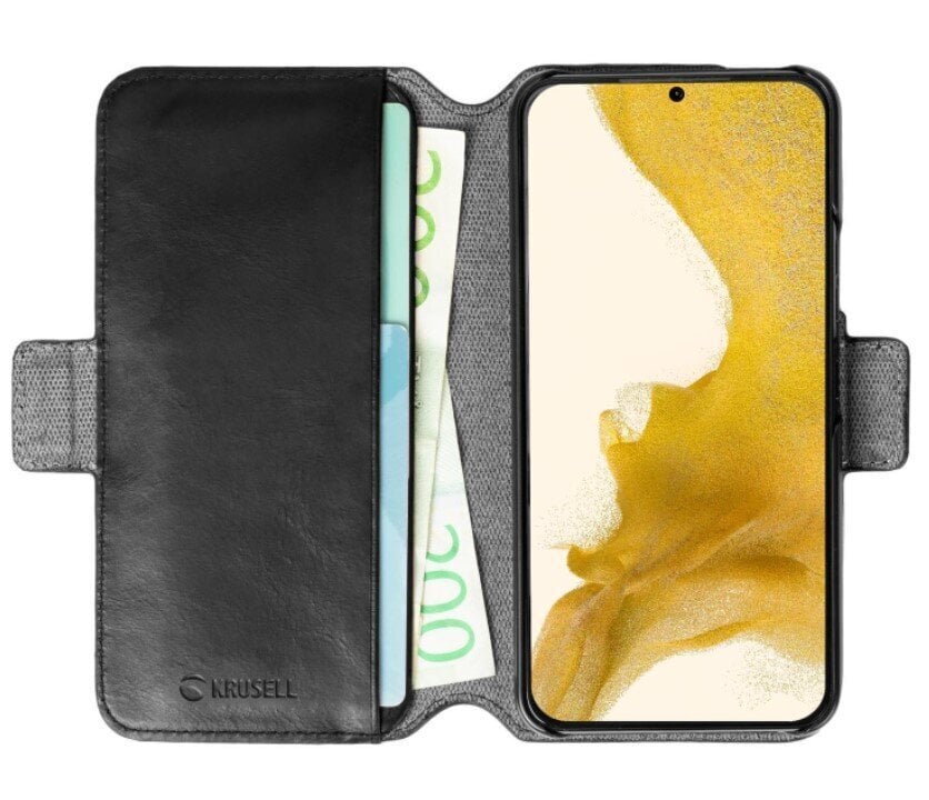 Krusell Leather Phone Wallet, skirtas Samsung Galaxy S22, juodas kaina ir informacija | Telefono dėklai | pigu.lt