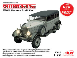 Сборная модель ICM 72472 G4 (1935 production) Soft Top, WWII German Staff Car, snap fit/no glue 1/72 цена и информация | Склеиваемые модели | pigu.lt