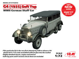 Klijuojamas Modelis ICM 72472 G4 (1935 production) Soft Top, WWII German Staff Car, snap fit/no glue 1/72 kaina ir informacija | Klijuojami modeliai | pigu.lt