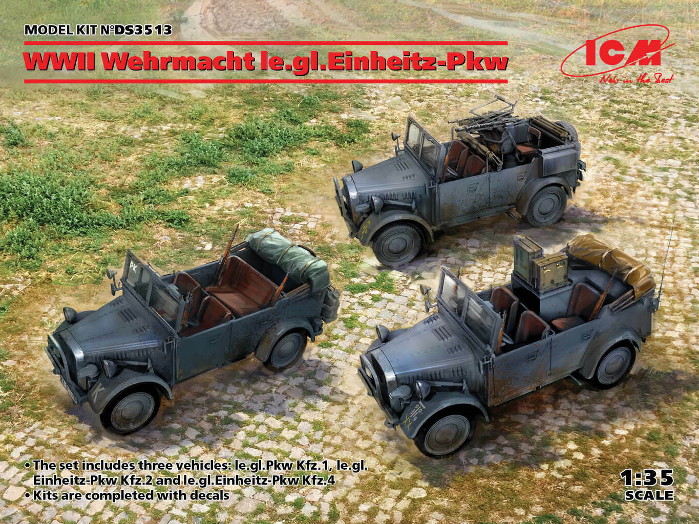 Klijuojamas Modelis ICM DS3513 WWII Wehrmacht le.gl.Einheitz-Pkw (le.gl.Pkw Kfz.1, le.gl.Einheitz-Pkw Kfz.2, le.gl.Einheitz-Pkw Kfz.4) 1/35 kaina ir informacija | Klijuojami modeliai | pigu.lt