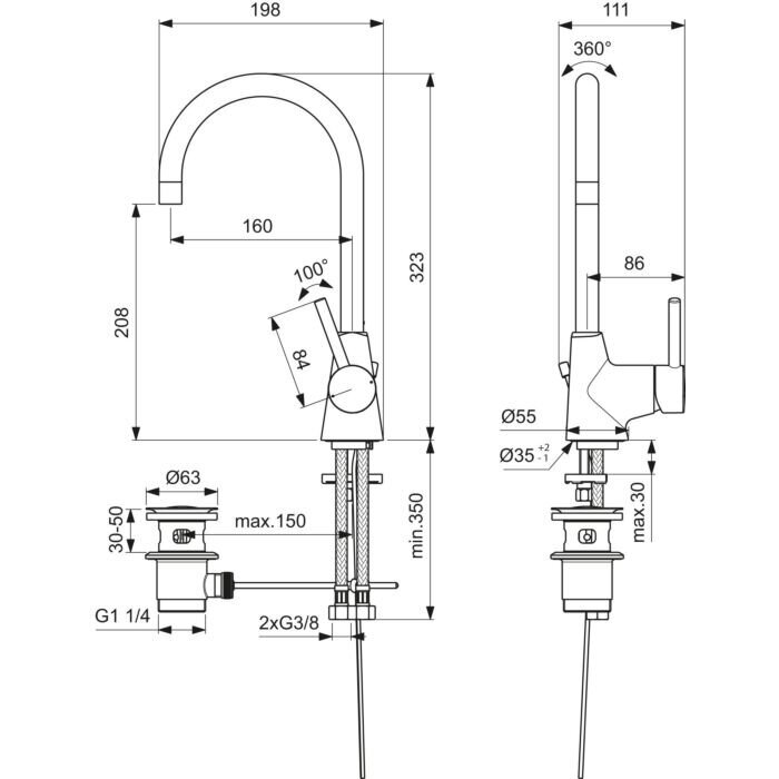 Ideal Standard Ceraline aukštas maišytuvas su dugno vožtuvu, 5 l/min, karšto vandens ribotuvas, chromas BC195AA цена и информация | Vandens maišytuvai | pigu.lt