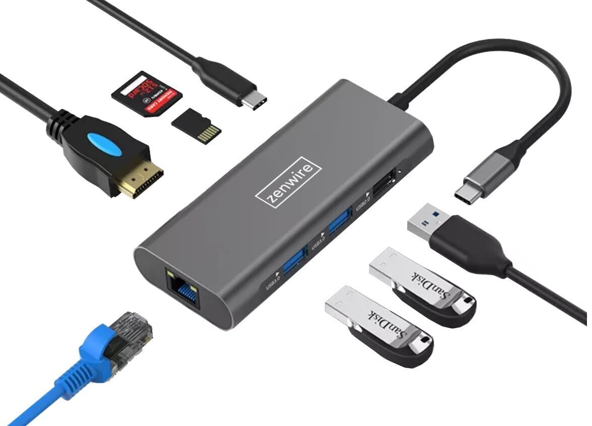 Adapteris Zenwire HUB USB-C 9w1, USB 3.0, Ethernet RJ45, HDMI 4K, SD, micro SD, Power Delivery 100W, DEX, Macbook Pro Air M1 kaina ir informacija | Adapteriai, USB šakotuvai | pigu.lt