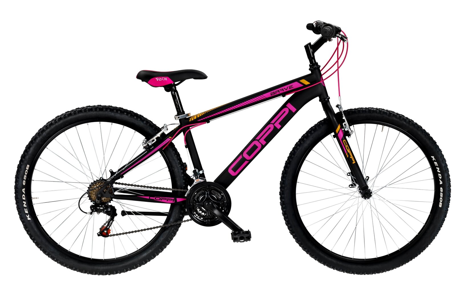 Kalnų dviratis COPPI MTB LADY BRAVE - juodas su rožine spalva (Ratų dydis: 27,5" Rėmo dydis: 15") kaina ir informacija | Dviračiai | pigu.lt