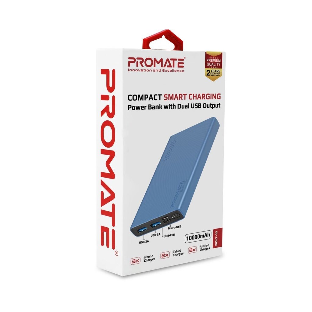 PROMATE Bolt-10 Power Bank 10000mAh kaina ir informacija | Atsarginiai maitinimo šaltiniai (power bank) | pigu.lt