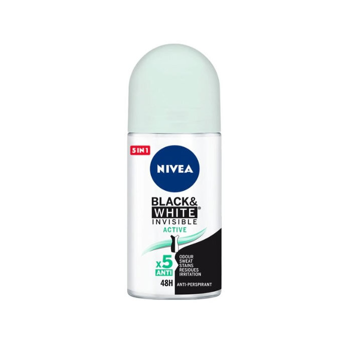 Rutulinis dezodorantas Nivea black white invisible active dezodorantas roll on, 50ml kaina ir informacija | Dezodorantai | pigu.lt