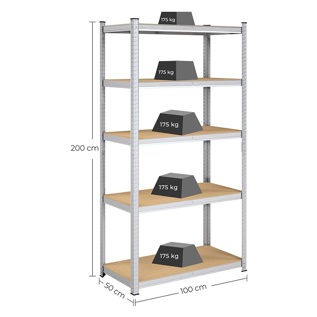 Sandėliavimo lentynų komplektas iš 2 vnt, 200 x 100 x 50 cm, sidabro kaina ir informacija | Sandėliavimo lentynos | pigu.lt