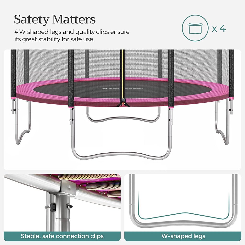 Batutas Songmics Ø 305 cm. su apsauginiu tinkleliu, kopėčiomis ir paminkštintais stulpais, rožinės spalvos kaina ir informacija | Batutai | pigu.lt