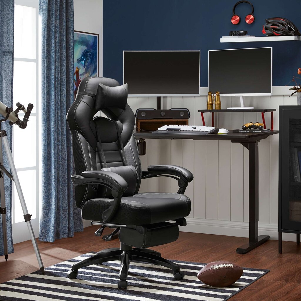 Žaidimų kėdė su atrama kojoms ir galvos atrama, juoda kaina ir informacija | Biuro kėdės | pigu.lt