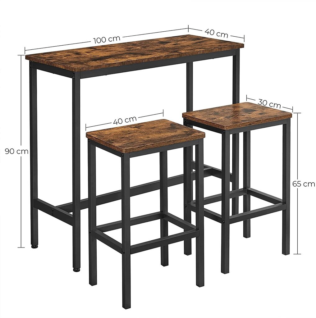 Baro stalo ir kėdžių komplektas, 3 dalių, rudas kaina ir informacija | Valgomojo komplektai | pigu.lt