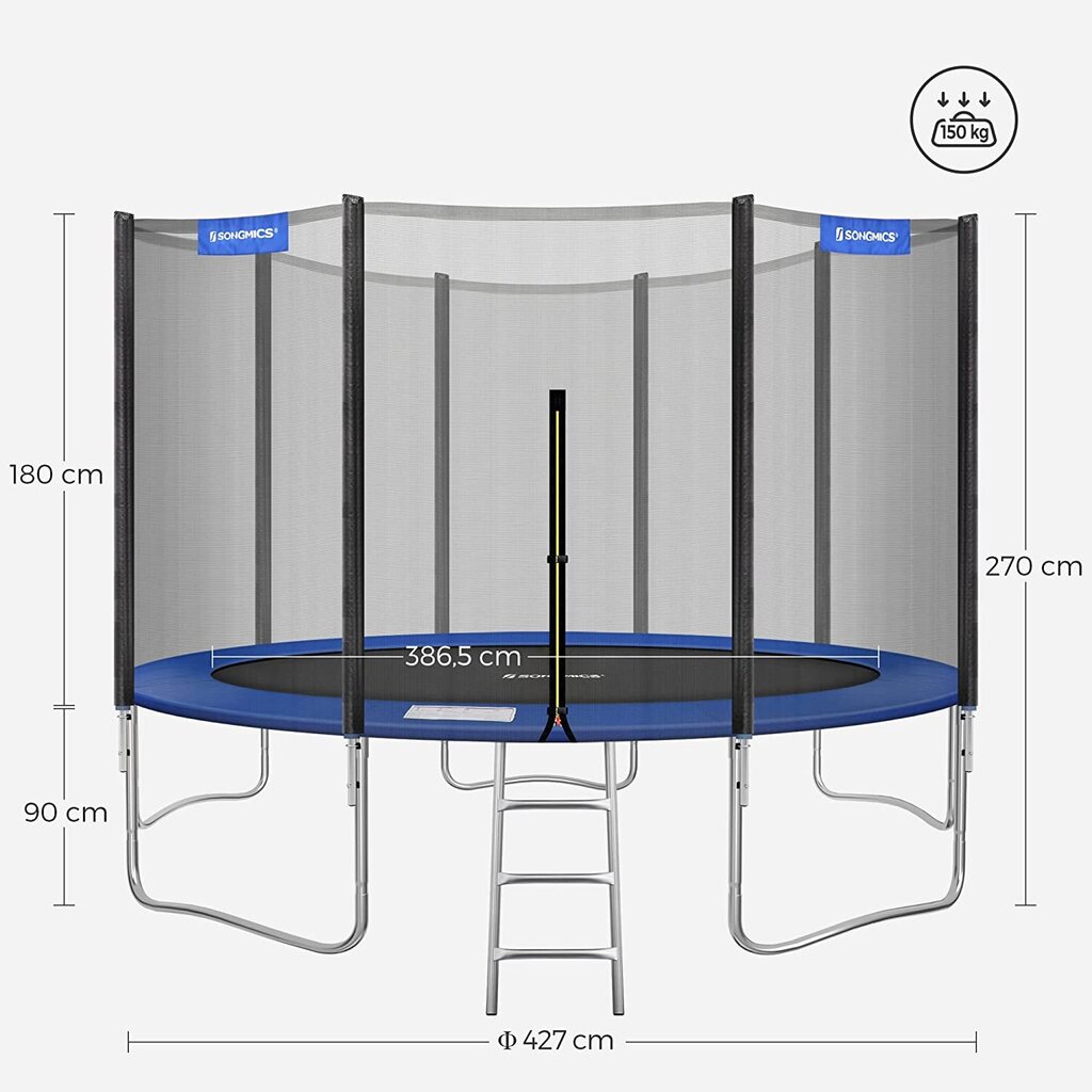 Batutas Songmics Ø 427 cm. su apsauginiu tinkleliu, kopėčiomis ir paminkštintais stulpais, mėlynos spalvos цена и информация | Batutai | pigu.lt